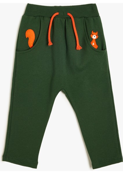 Jogger Eşofman Altı Beli Bağcıklı Aplike Detaylı Hayvan Baskılı Cepli Pamuklu