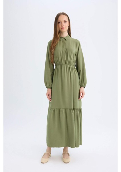 Gömlek Yaka Basic Düz Düğmeli Beli Büzgülü Uzun Kollu Maxi Elbise D5851AX24AU