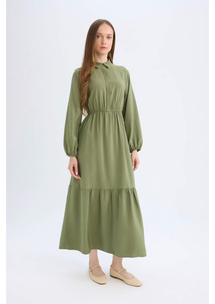 Gömlek Yaka Basic Düz Düğmeli Beli Büzgülü Uzun Kollu Maxi Elbise D5851AX24AU