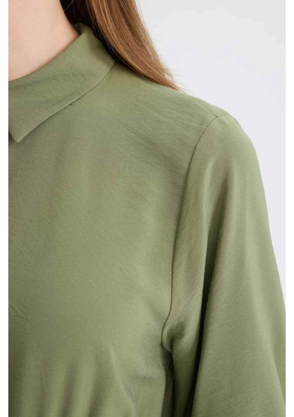 Gömlek Yaka Basic Düz Düğmeli Beli Büzgülü Uzun Kollu Maxi Elbise D5851AX24AU