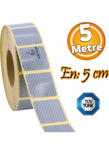 Tüvtürk Onaylı Beyaz Gri Kesik Reflektörlü Bant Gece Parlayan En 5 cm 5 mt Ikaz Fosforlu Reflektif