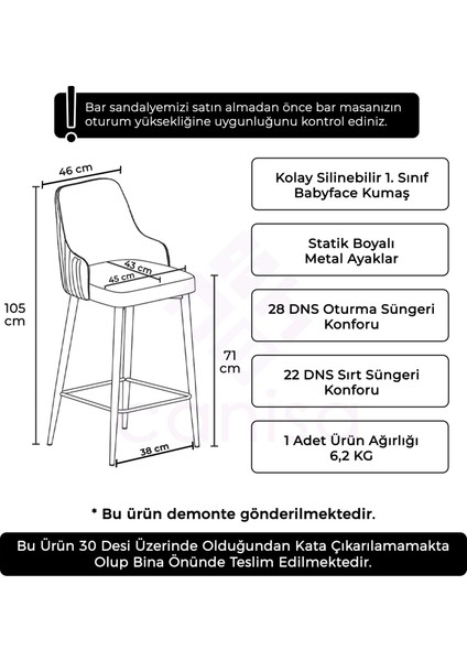 Concept Enox Serisi, Yemek Odası Bar Sandalyesi, Babyface Kumaş, Siyah Metal Ayak , 2 Adet Sandalye