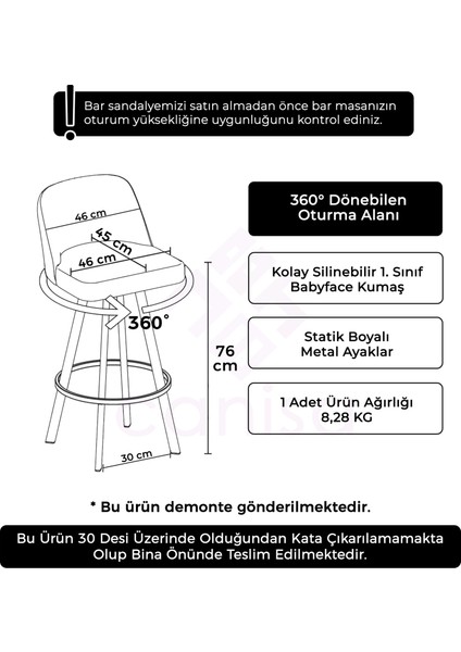 Concept Atex Serisi 360°C Döner Bar Sandalyesi Siyah Metal Ayaklı Babyface Kumaş 1 Adet Bar Sandalyesi