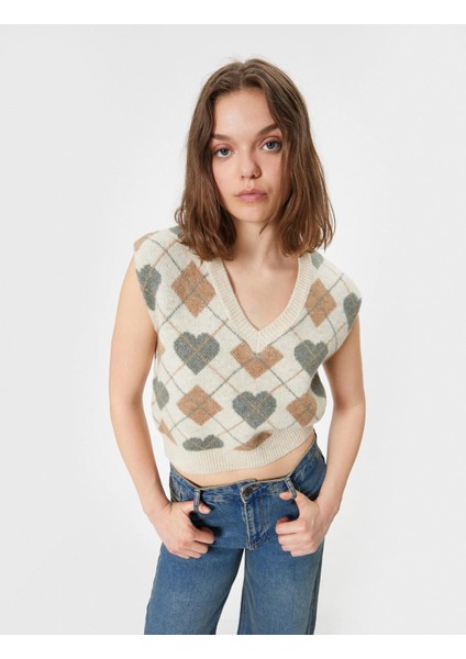 Triko Süveter V Yaka Jakarlı Kolsuz