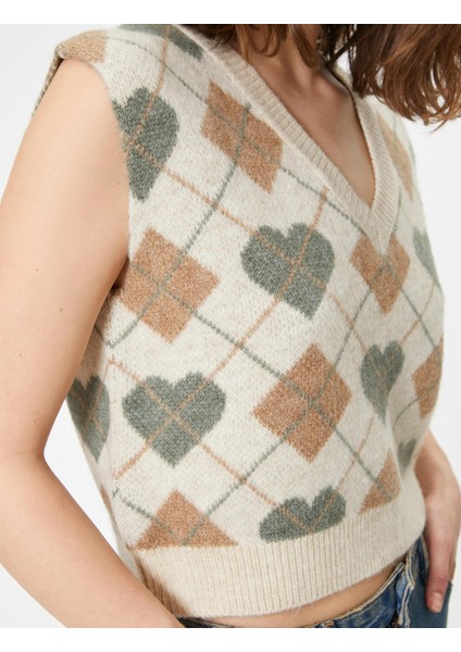 Triko Süveter V Yaka Jakarlı Kolsuz indirimleri