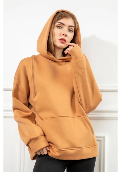 Casual 3 Iplik Örme Kumaş Basen Altı Boy Fermuar Detaylı Kadın Sweatshirt