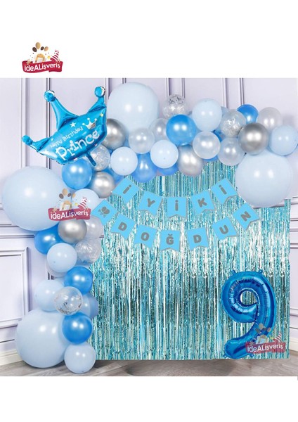 Mavi Gümüş Konseptli 9 Yaş Prens Taçlı Doğum Günü Balon Zincir Seti