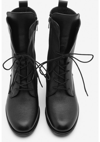 Kadın Hakiki Deri Postal Bot Bağcıklı Fermuarlı Klasik Günlük Bot Mek Siyah