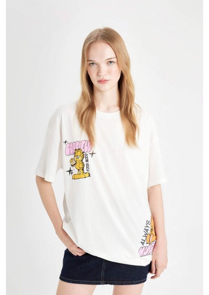 Coool Garfield Oversize Geniş Kalıp Bisiklet Yaka Sırt Baskılı Kısa Kollu Tişört D4827AX24AU
