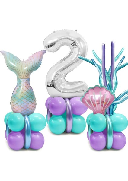 Deniz Kızı Kuyruğu Deniz Kabuğu Gümüş Rakam Balon Doğum Günü Parti Seti Süsü