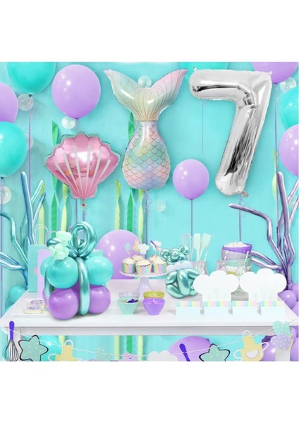 Deniz Kızı Kuyruğu Deniz Kabuğu Gümüş Rakam Balon Doğum Günü Parti Seti Süsü modelleri