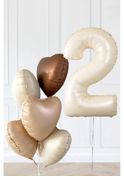 Retro Krem Yaş Balonlu Karamel Kahve Kalpli Retro Doğum Günü Parti Seti Süsü