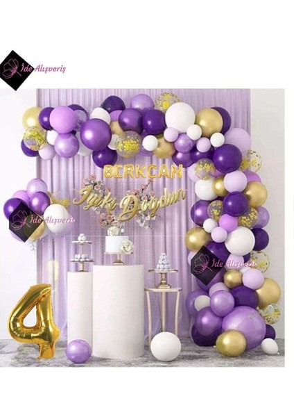 7 Harf Isimli 4 Yaş Macaron Mor Balon Zinciri Seti Gölge Mor Altın Balon Dekorasyon modelleri