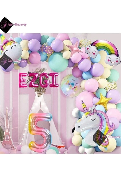 5 Yaş Ve 4 Harfli Gökkuşağı Konsepti Unicorn Temalı Makaron Balon Doğum Günü Parti Kutlama Seti