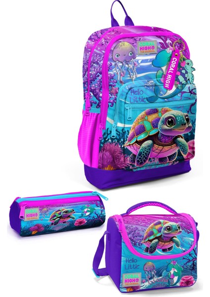 Yaygan Coral High Kids Pembe Mor Kaplumbağa Desenli 3’Lü Okul Çanta Seti 23756-Mix3