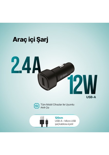 Smartcharger 2.4A Araç Şarj Aleti + Micro USB Kablo