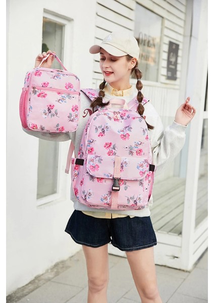 Kız Çocuk 2 Li Okul Çanta Seti Laptop Bölmeli Sırt Çantası, Termos Özellikli Beslenme Çantası Pembe OSÇ2109