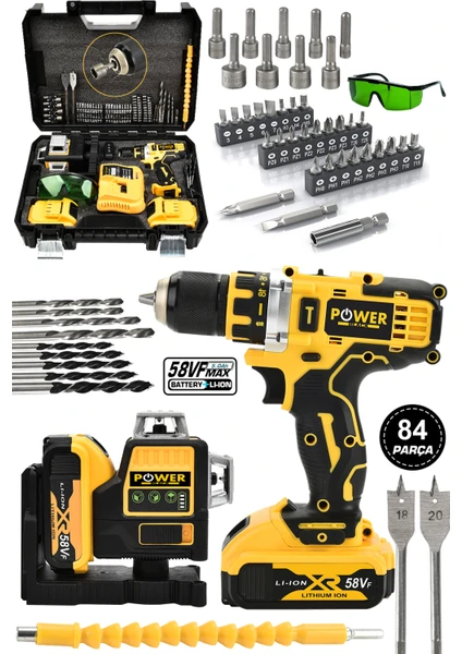 Power Black 58 Vf 5 Ah Otomatik Hizalamalı Lazer Metre Yeşil Çizgili Lazer Hizalama & Şarjlı Matkap Vidalama Sarı