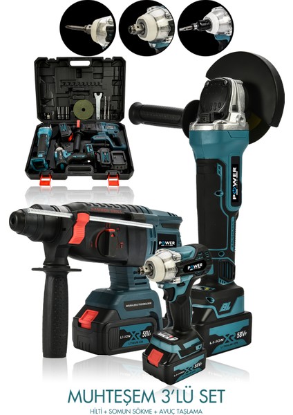 3 Lü Set Torklu Vidalama Somun Sıkma Şarjlı Matkap 2-26MM Şarjlı Taşlama 125MM