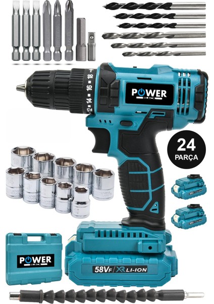 Power Black Pro-Xxc-Line Germany Technology Çift Akülü Şarjlı Matkap 24 Parça 58 Vf 5 Ah Mavi