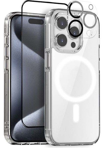 Apple iPhone 15 Pro Max Kılıf Magsafeli Kılıf Ekran Koruyucu ve Kamera Koruyuculu Set