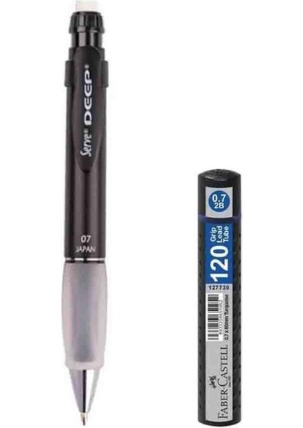Deep Mekanik Uçlu Kalem 0.7 mm Metalik Siyah + Faber Castell 120'li Min Uç Siyah Kutu