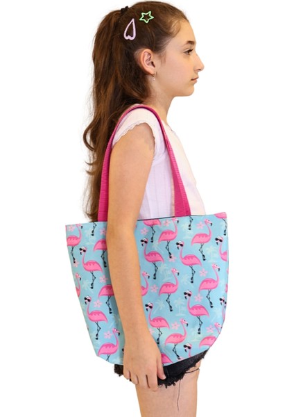Pembe Flamingo Desenli Kız Çocuk Plaj Çantası, Baskılı Çocuk Günlük Çanta