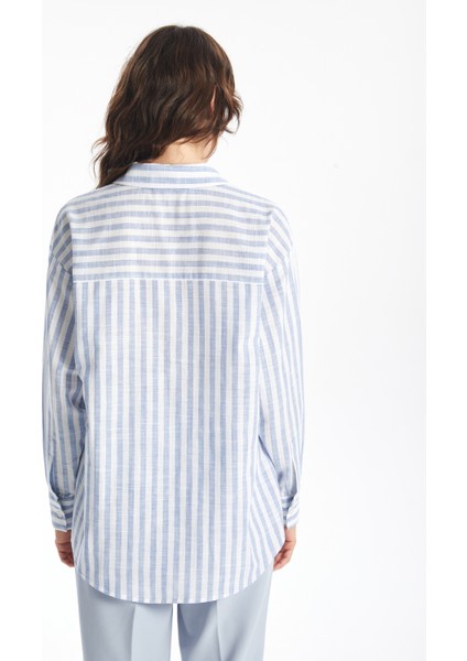 Loose Fit Mavi Beyaz Çizgili Kadın Gömlek modelleri