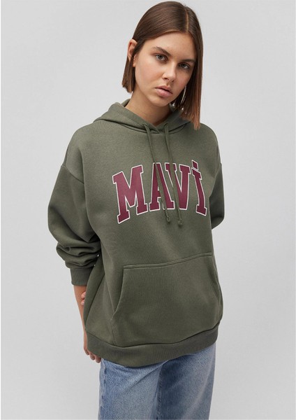 Mavı M1600361-71581 Hakı Kadın Oversıze Mavı Logo Kapusonlu Sweatshırt