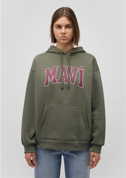 Mavı M1600361-71581 Hakı Kadın Oversıze Mavı Logo Kapusonlu Sweatshırt