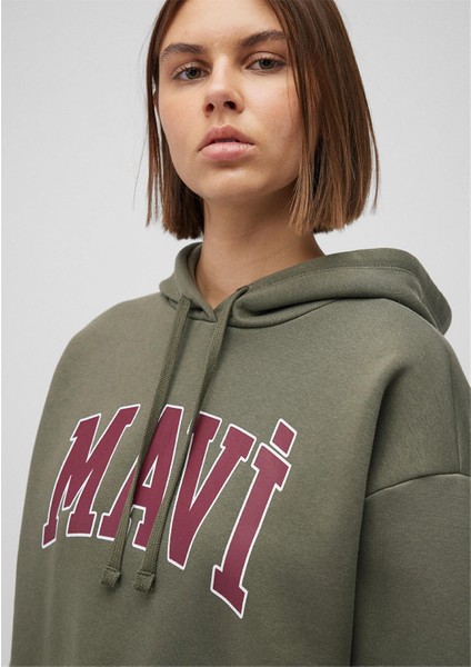 Mavı M1600361-71581 Hakı Kadın Oversıze Mavı Logo Kapusonlu Sweatshırt