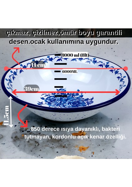 İnci Emaye 40 No 8 Litre Emaye Leğen Çırpma ve Karıştırma Kabı.hamur Leğeni.meyvelik.çeyiz. Büyük Kase