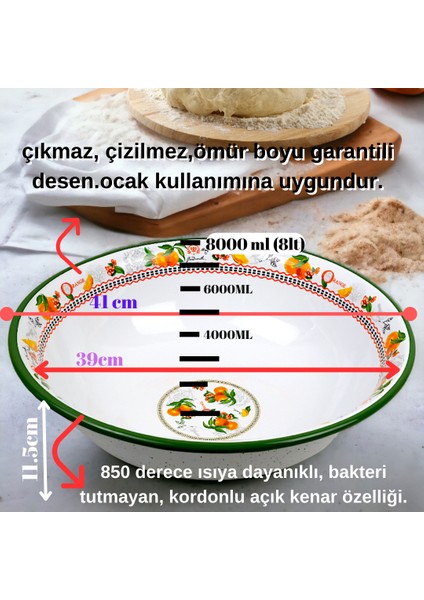 40 No 8 Litre Emaye Leğen Çırpma ve Karıştırma Kabı.hamur Leğeni.meyvelik.çeyiz. Büyük Kase