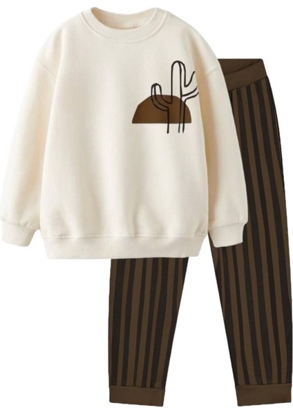 Yeni Sezon Erkek Çocuk Baskılı Pamuklu 3 Iplik Şardonsuz Sweatshirt ve Jogger Pantolonlu Ikili Takım