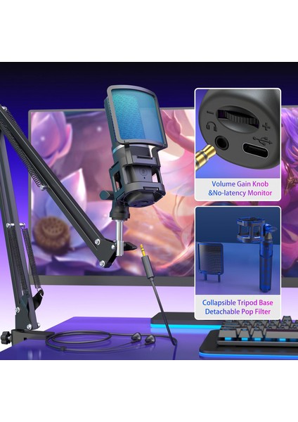 Zealsound Podcast Rgb Mikrofon Kiti Twitch Youtuber ve Canlı Yayın için özel Mikrofon A68S