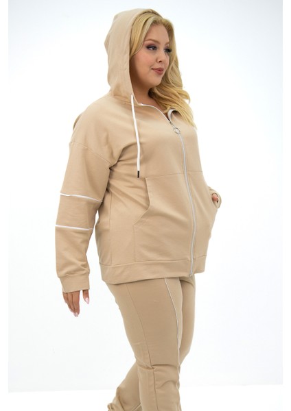 Kadın Büyük Beden Kapüşonlu Eşofman Takımı Fermuar Detaylı 42-50 Beden Bej Renk fiyatları