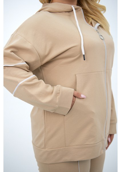 Kadın Büyük Beden Kapüşonlu Eşofman Takımı Fermuar Detaylı 42-50 Beden Bej Renk indirimleri