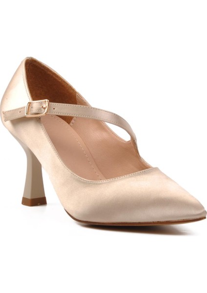 357094 Bej Saten Kadın Topuklu Ayakkabı