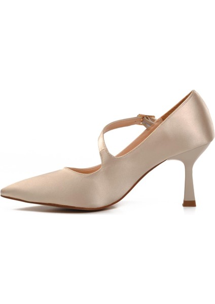 357094 Bej Saten Kadın Topuklu Ayakkabı modelleri