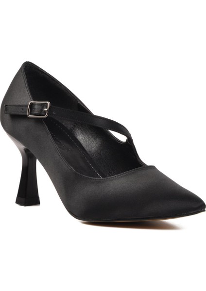 357094 Siyah Saten Kadın Topuklu Ayakkabı