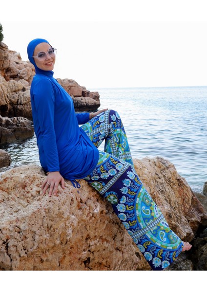 Remsa Kadın Tesettür Mayo Bol Paça Tasarım Su İtici Kumaş 3 Parça Üst Tunik Pantolon Bone