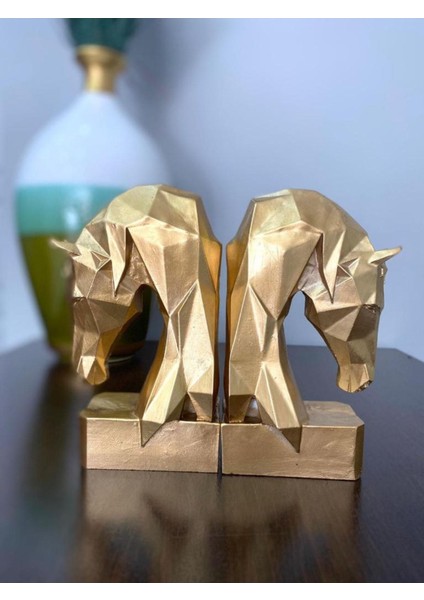 Tekno Trust Altın Kitap Tutucu Kübik At Figürlü 2 Li Gold Renkli ( Polyester)