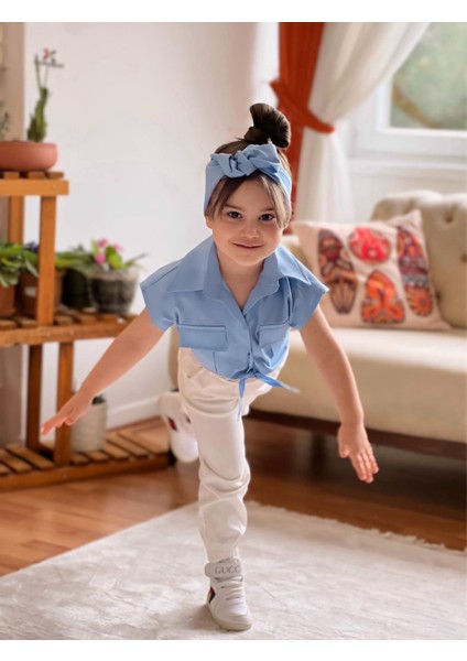 Bağlamalı Kız Çocuk Gömlek Krop Bandana Hediye Bebe Mavi modelleri