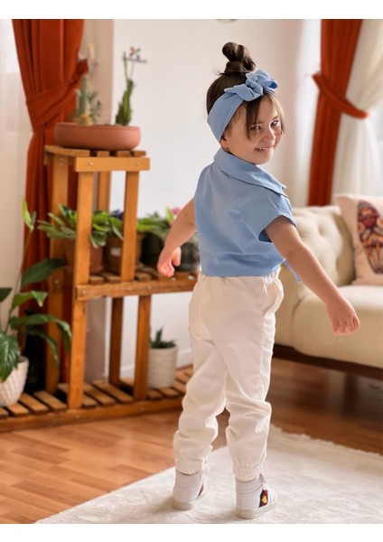 Bağlamalı Kız Çocuk Gömlek Krop Bandana Hediye Bebe Mavi fırsatları