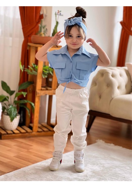 Bağlamalı Kız Çocuk Gömlek Krop Bandana Hediye Bebe Mavi indirimleri