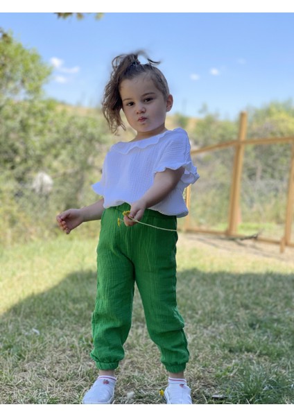 Kız Çocuk Müslin Pantolon Bluz Alt Üst Takım Pamuk Yeşil modelleri