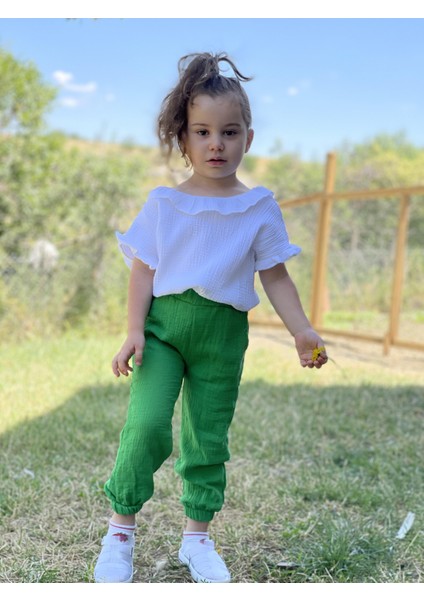 Kız Çocuk Müslin Pantolon Bluz Alt Üst Takım Pamuk Yeşil fırsatları
