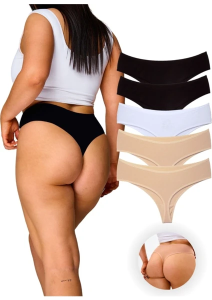 Alya Underwear Kadın Yüksek Bel, Toparlayıcı, Tanga Külotlar - 2 Siyah, 1 Beyaz, 2 Ten - 5'li Paket Adet