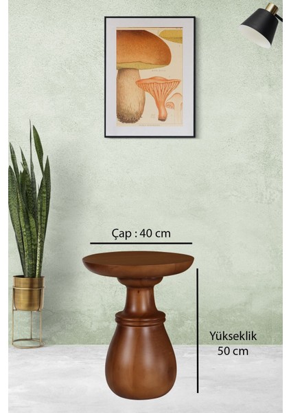 Mantar Sehpa 40 Çap Çift Boğum Ahşap Masif Ihlamur Ağacı Özel Tasarım El Işçiliği Yan Sehpa Boy:50cm