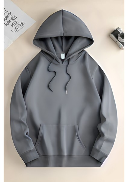 Unisex 3 Iplik Oversize Hoodie Kanguru Cep Kapşonlu Içi Pamuklu Şardonlu Basic Okul Sweatshirt